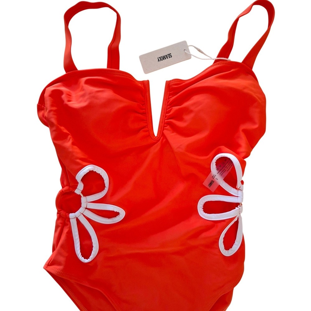 Seamoly Swimsuit Size S NEW One Piece Swimsuit Coral Red Cutout Floral Swimwear - Picture 4 of 4